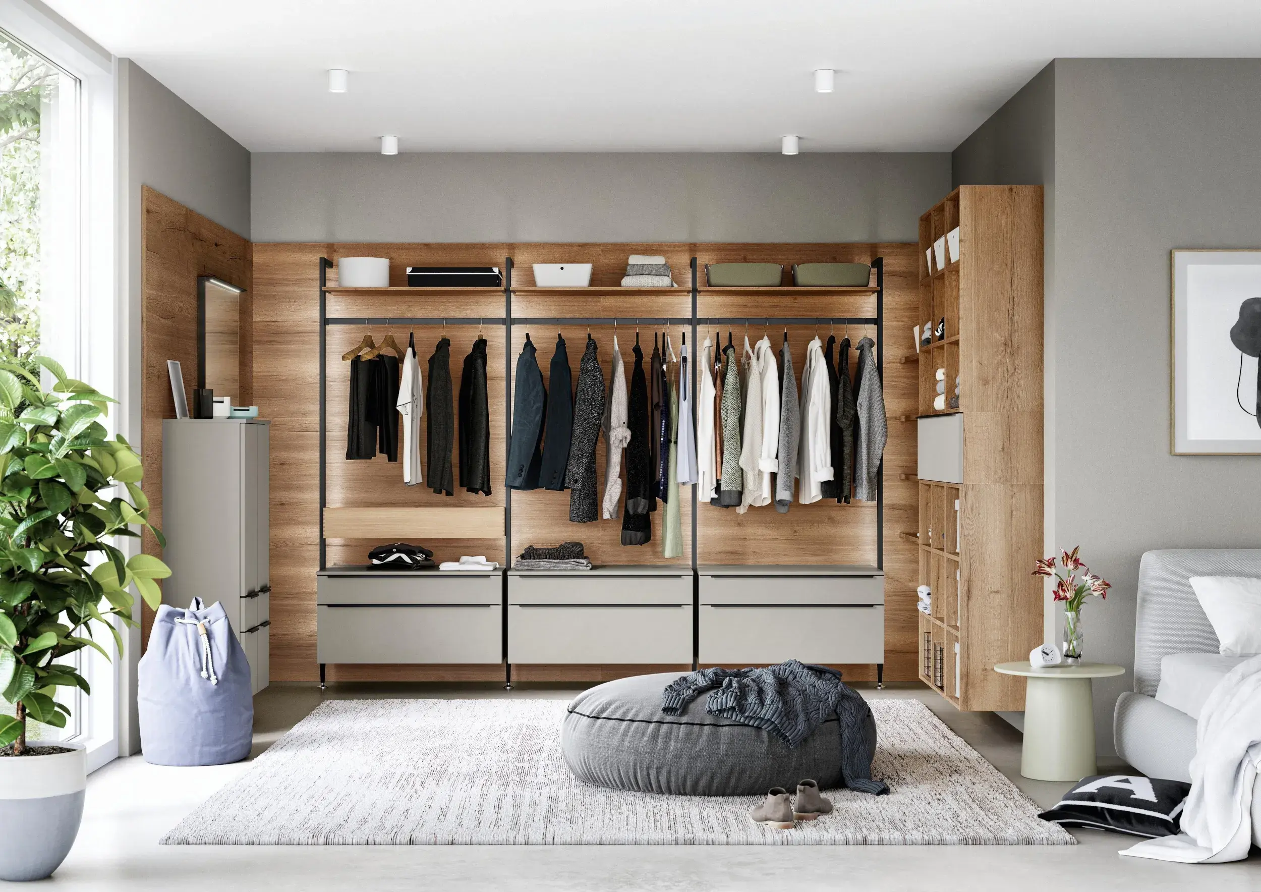 Nobilia Ankleide offene Garderobe wandmontiert Sideboard greige Regale Holzoptik